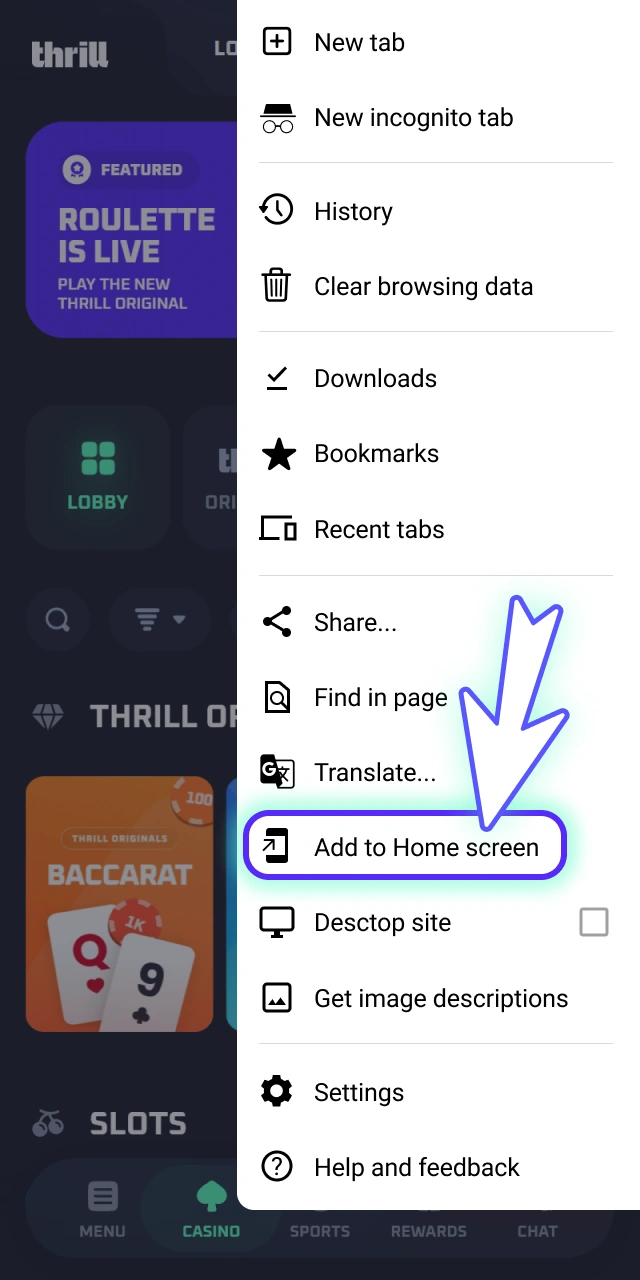 Choose the home screen shortcut configuration on official Thrill.
