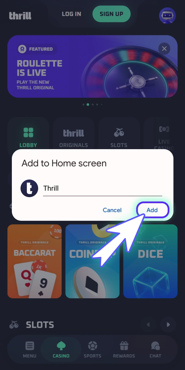 Confirm the portable android app installation via official Thrill.