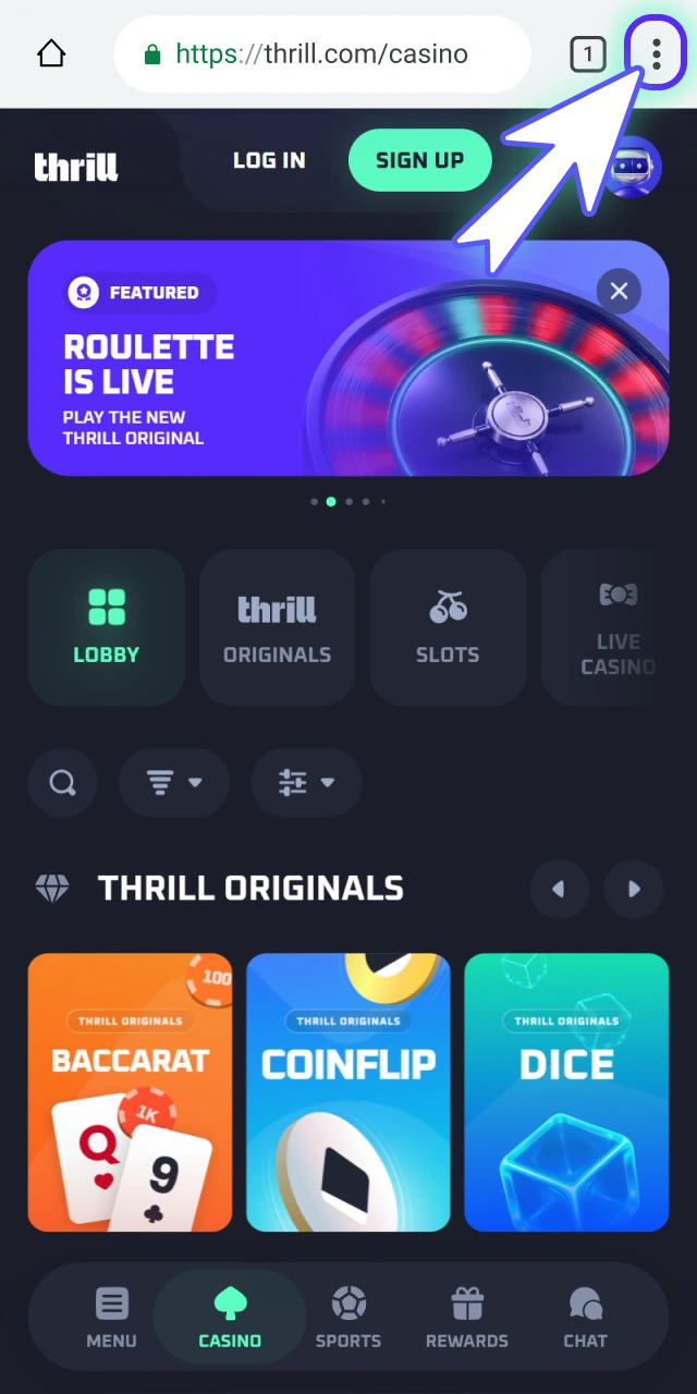 Open the main internet browser options menu on official Thrill.