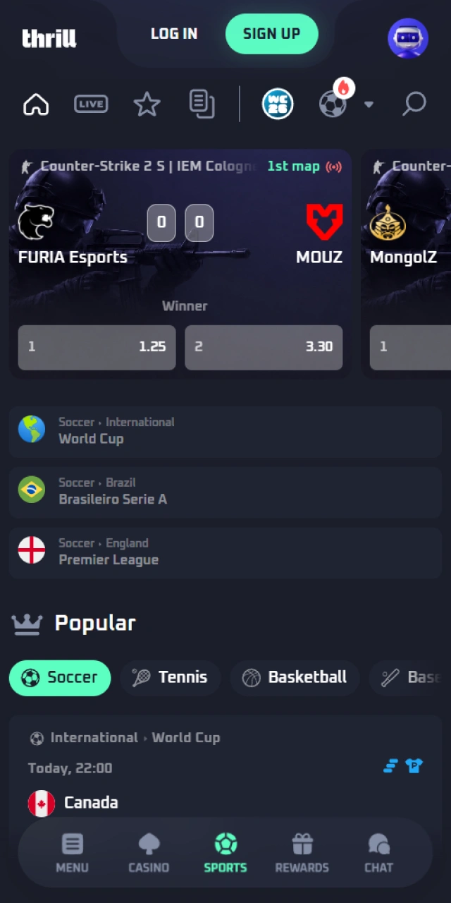Bet on international sports markets using the official Thrill app.