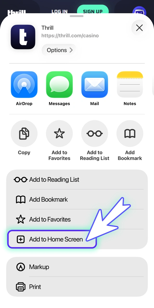 Select the home screen addition option through official Thrill.