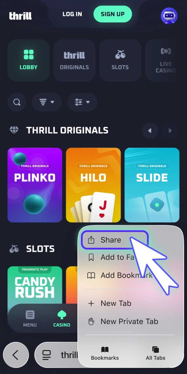Tap the standard apple sharing options icon on official Thrill.