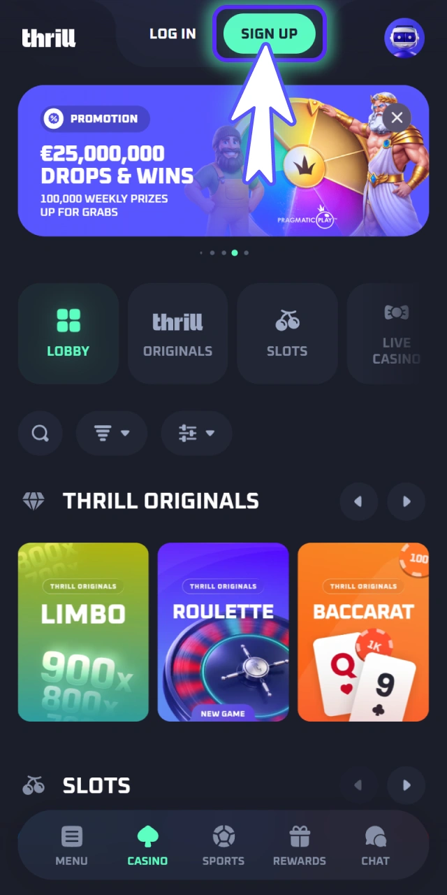 Open a new user profile on the official Thrill website.