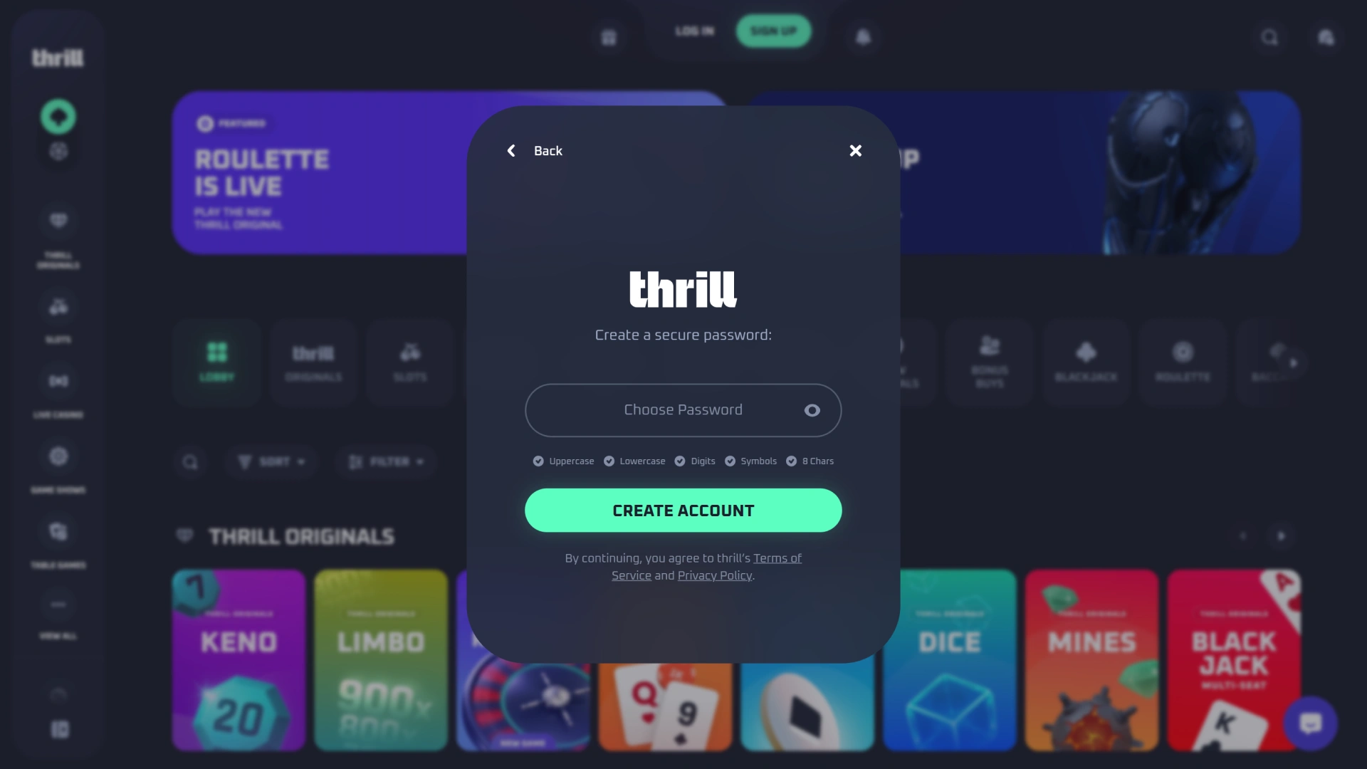 Open the fast crypto account sign up form on official Thrill.