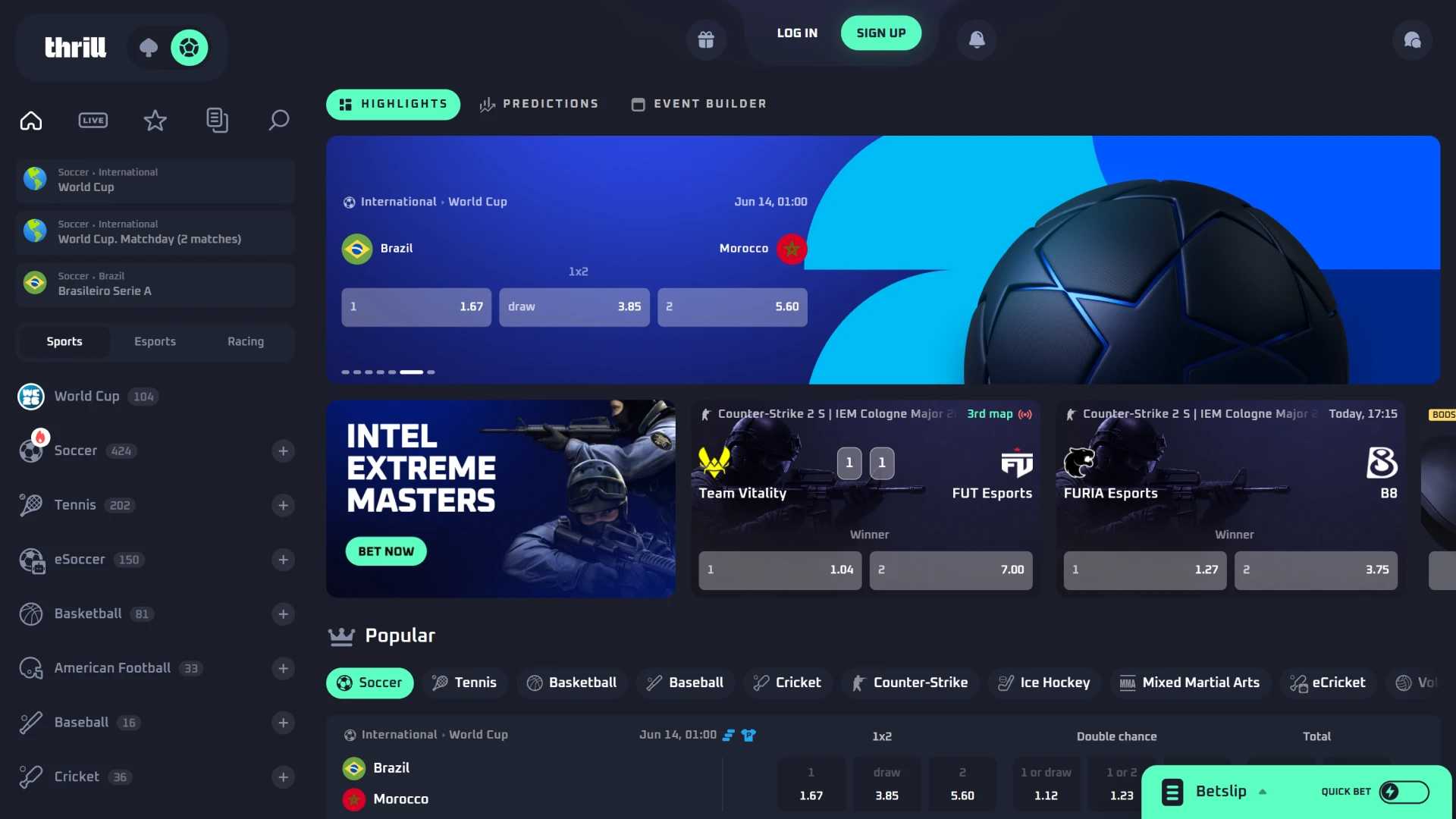 Check the competitive pre match betting odds via official Thrill.