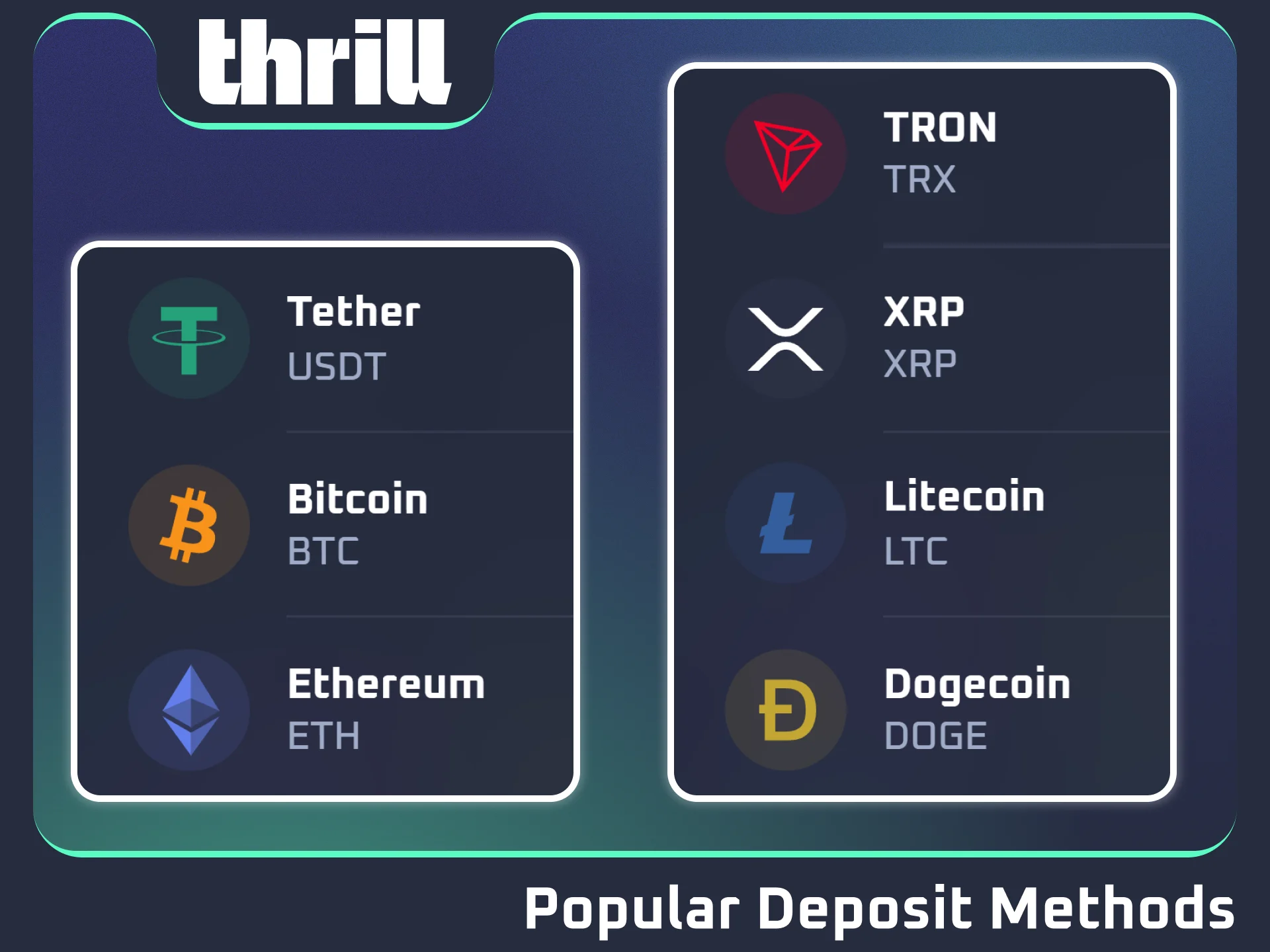Explore top cryptocurrency deposit methods at official Thrill casino.