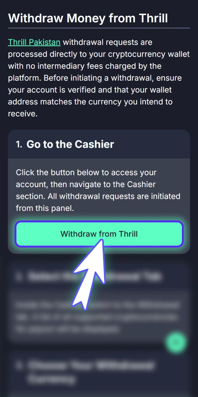 Open the financial cashier window inside official Thrill website.