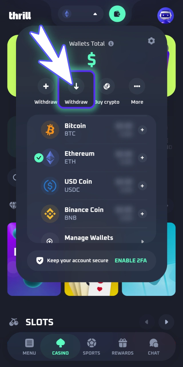 Select the active cashout withdrawal tab on official Thrill.