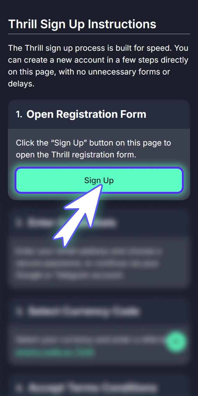 Open the fast account sign up form on official Thrill.