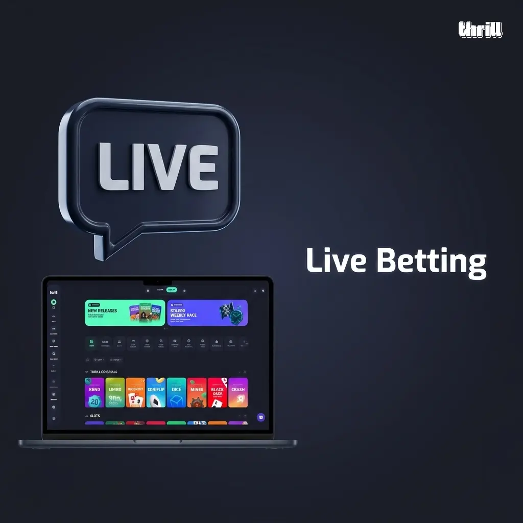 Thrill live betting interface showing real-time odds and markets for cricket, football, tennis, basketball and eSports.