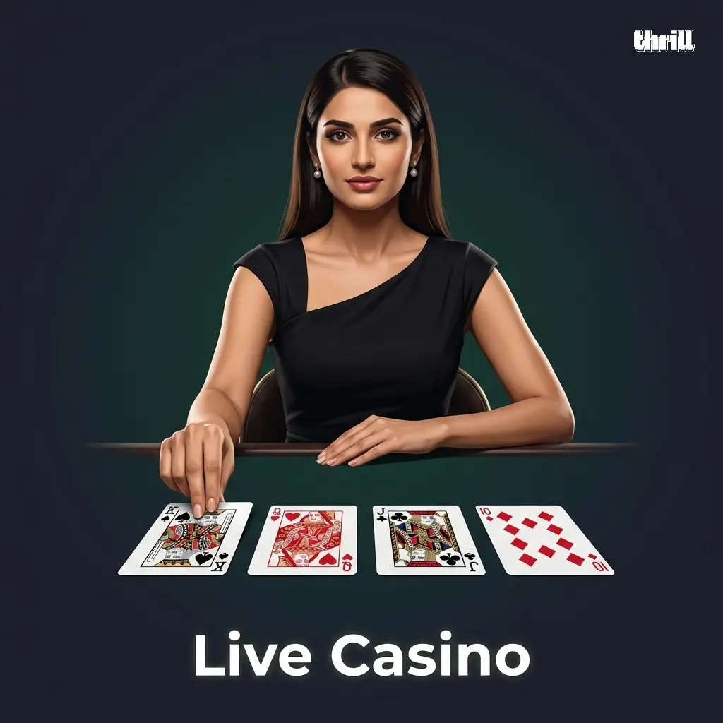 Professional live casino dealer at HD-streamed table offering blackjack, baccarat, roulette, poker, and game shows at Thrill.com.
