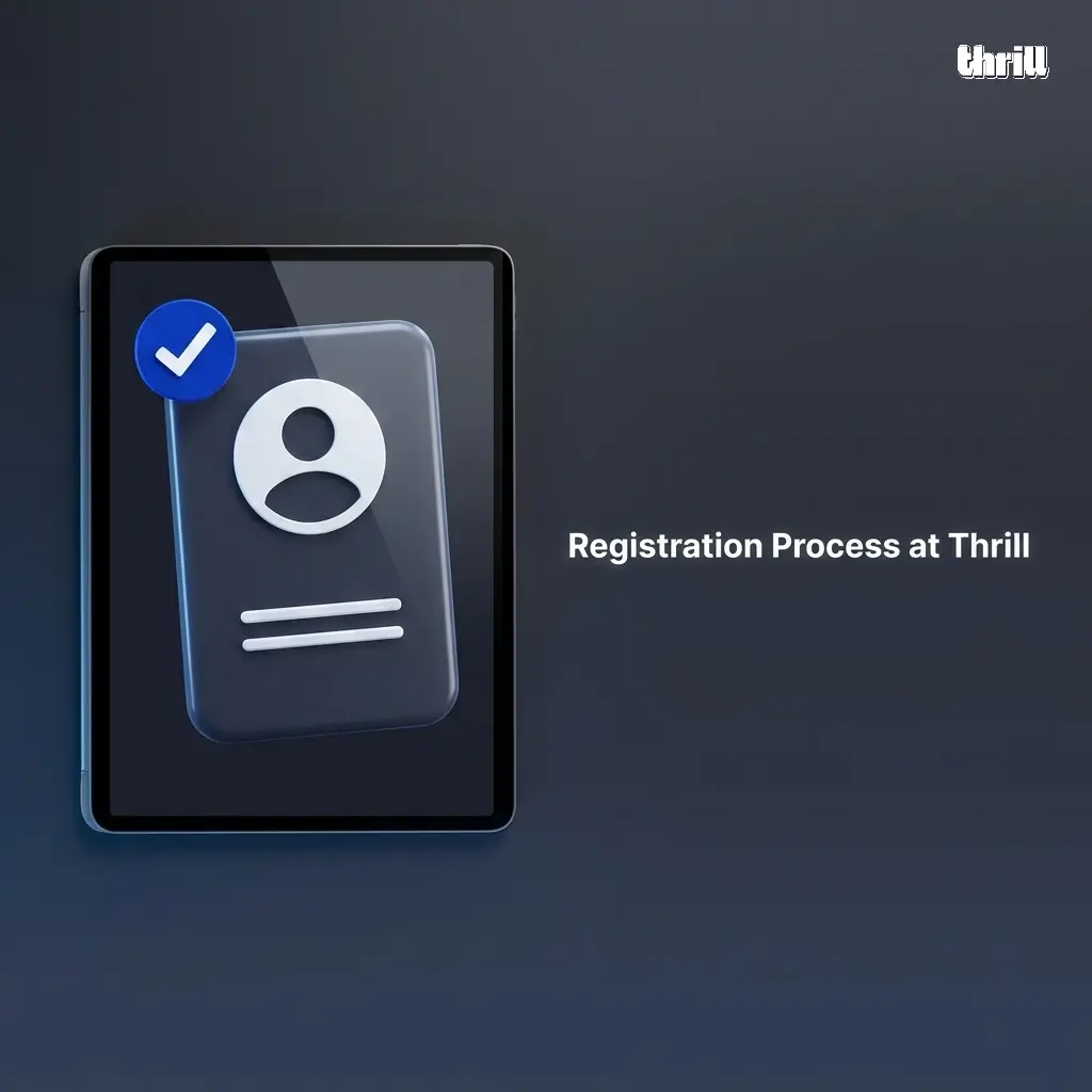 Step-by-step Thrill.com registration process for Pakistan players showing sign-up form, currency selection, and email verification.