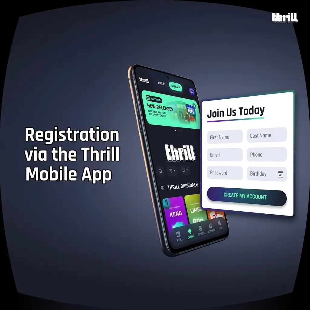 Thrill mobile app registration screen showing Sign Up options for email, Google, and Telegram on iOS and Android.