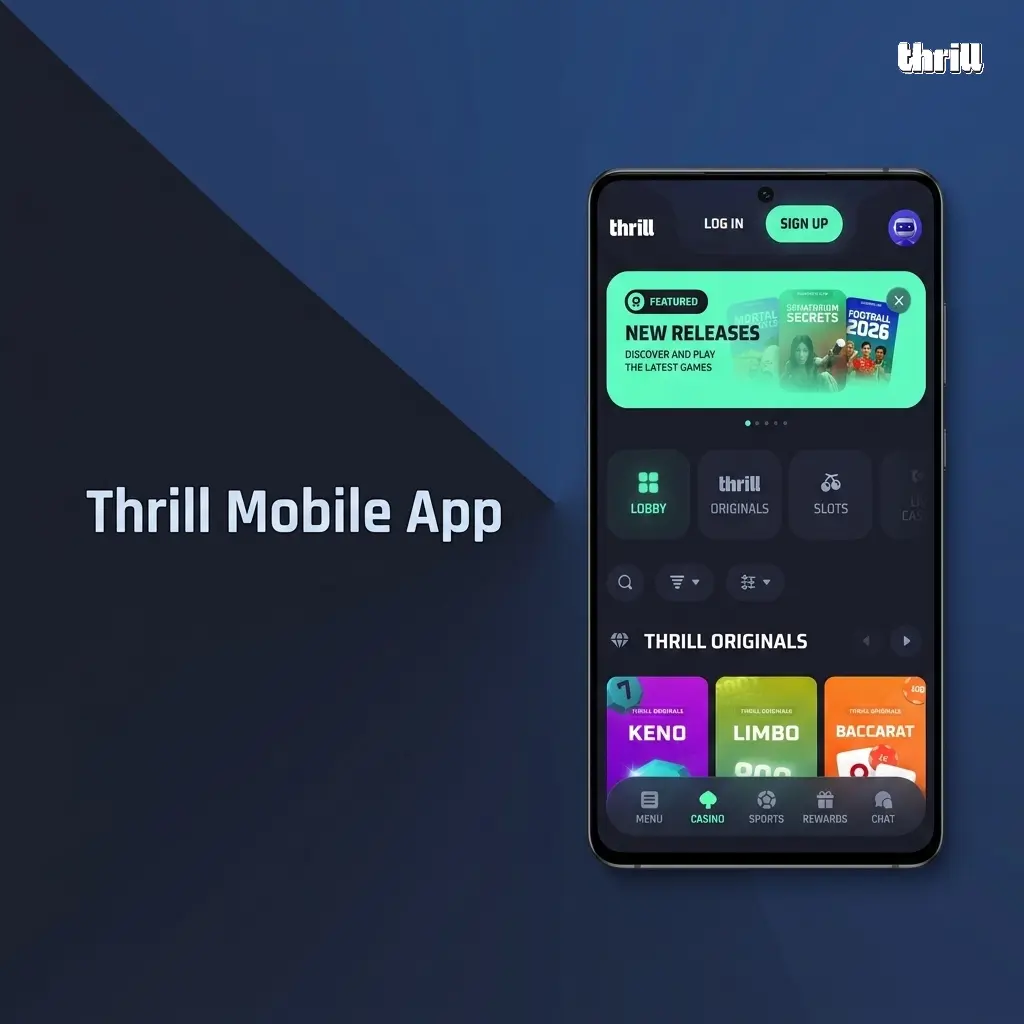 Thrill mobile PWA interface on Android and iOS devices showing sports betting and casino games optimised for touchscreen use.