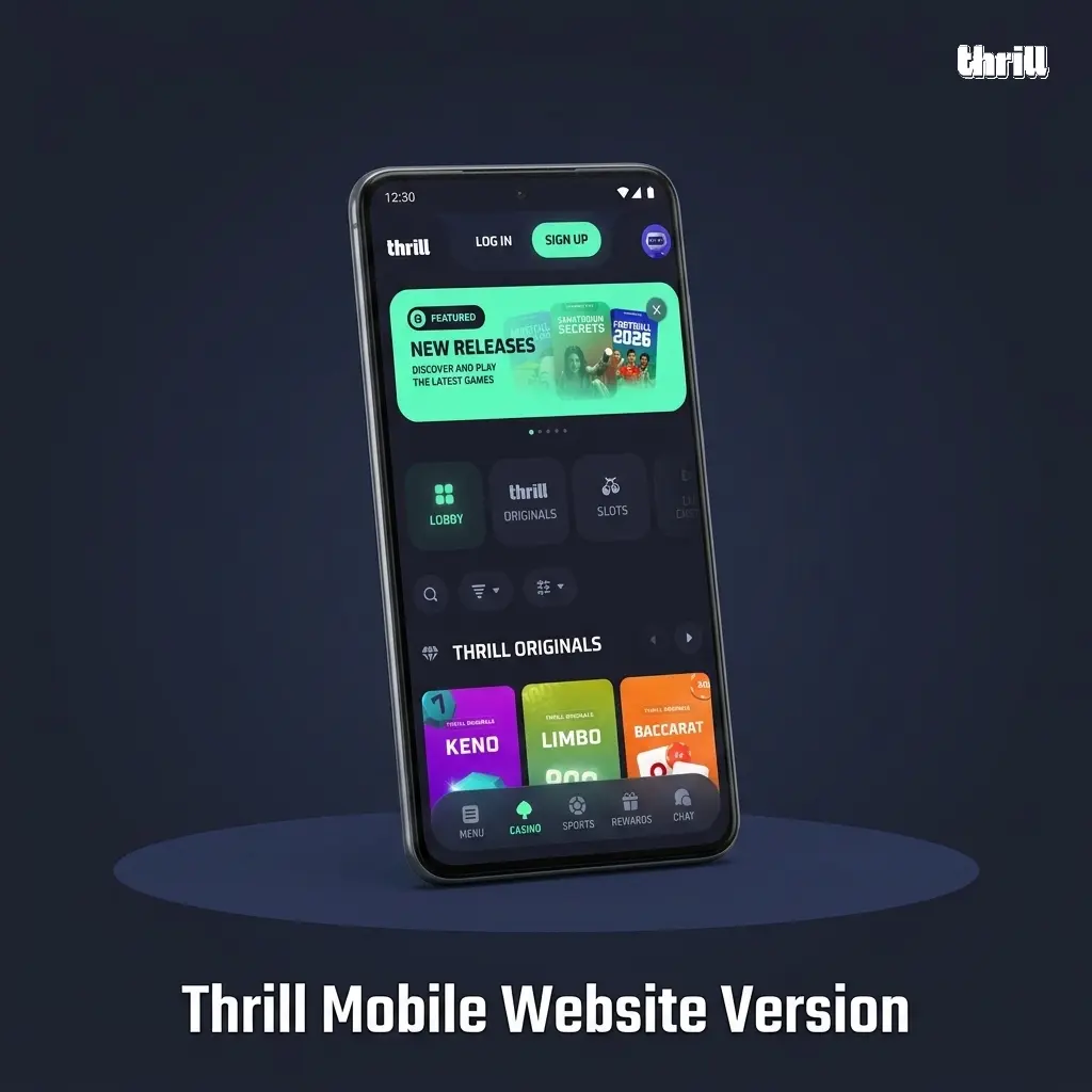 Thrill mobile website on a smartphone showing Sports Betting, Casino, and Promotions sections accessible via browser.